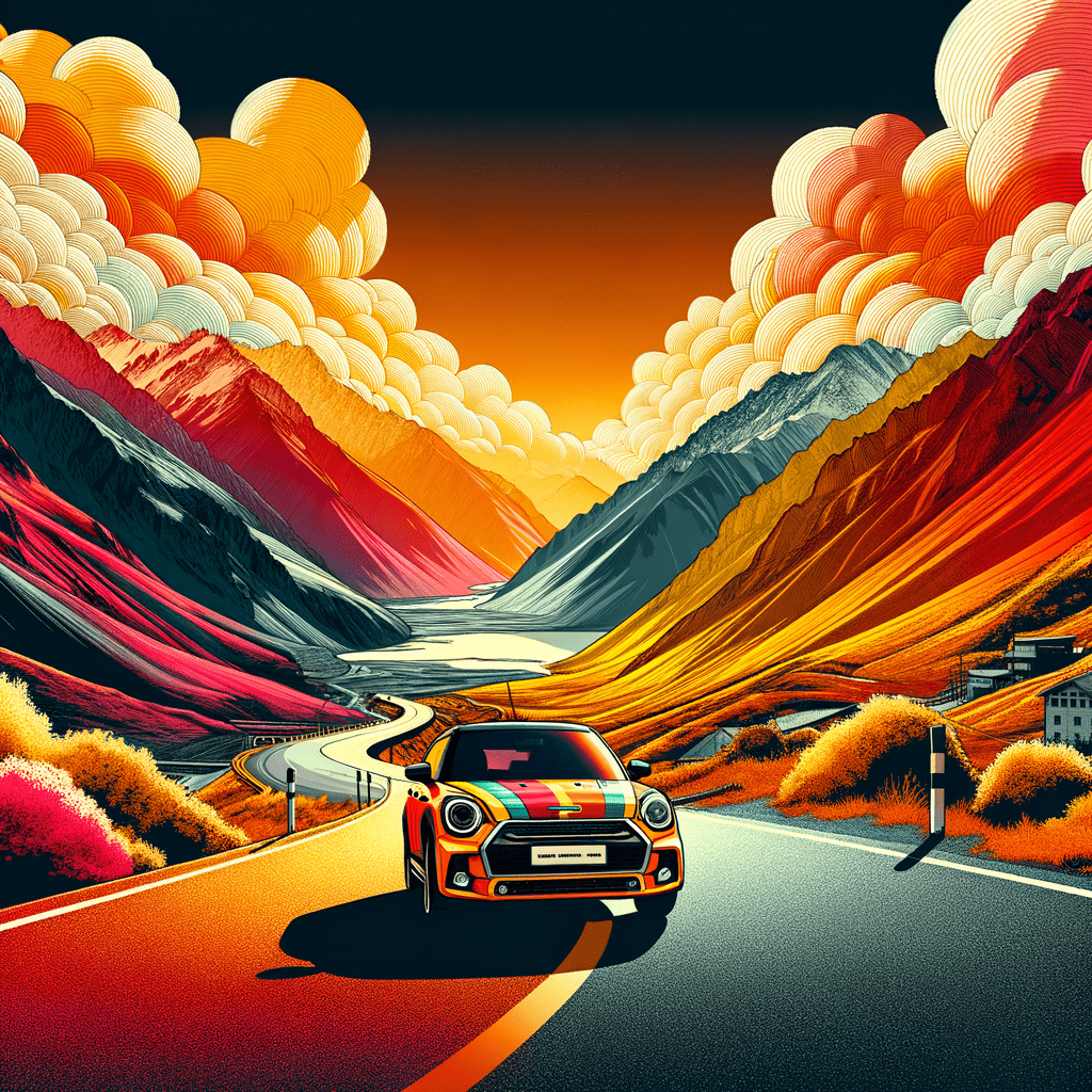 A colorful painting of a car driving on a road with mountains and clouds in the background. The car is red, yellow, and orange, and it appears to be racing down the road. The sky above the car has an orange hue, adding to the vibrant atmosphere of the scene.