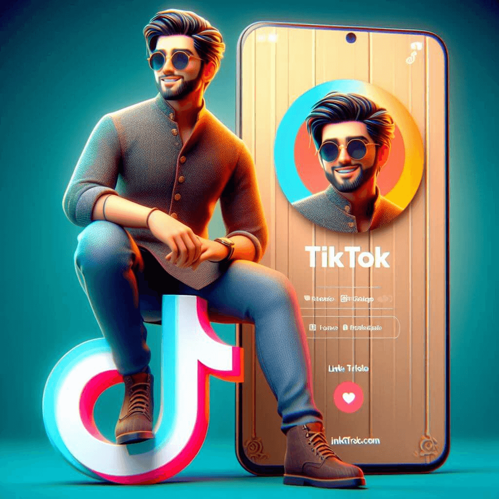 A captivating 3D illustration of an animated character, a handsome young man dressed in modern Indian attire, casually perched atop a stylized TikTok logo. The character wears a trendy kurta and jeans, sporting sunglasses and a confident smile. Surrounding him is a dynamic mockup of a TikTok profile page, complete with the profile name "linktrle.com" and a profile picture identical to the character. The overall design is vibrant and engaging, embracing the essence of digital influence and modern fashion.