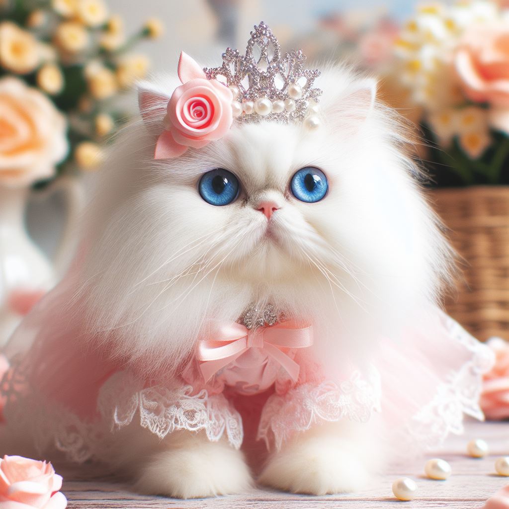 A Persian white cat with blue eyes dressed up like a princess called Bombon text in the image