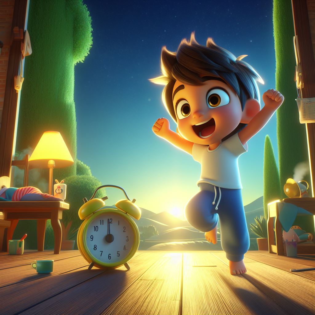 Morning at Rio's House
(The alarm sounds. Rio, a small child wakes up from his sleep with enthusiasm),Anime, cartoon, light effect, lighting is smooth, in 3D animation