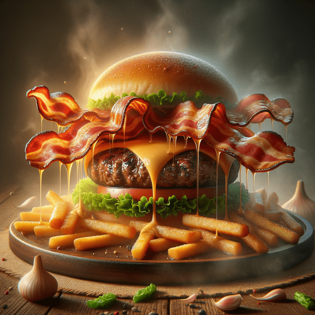 A sizzling plate of beef bacon and a juicy beef burger, perfectly grilled and topped with melted cheese and crispy lettuce.