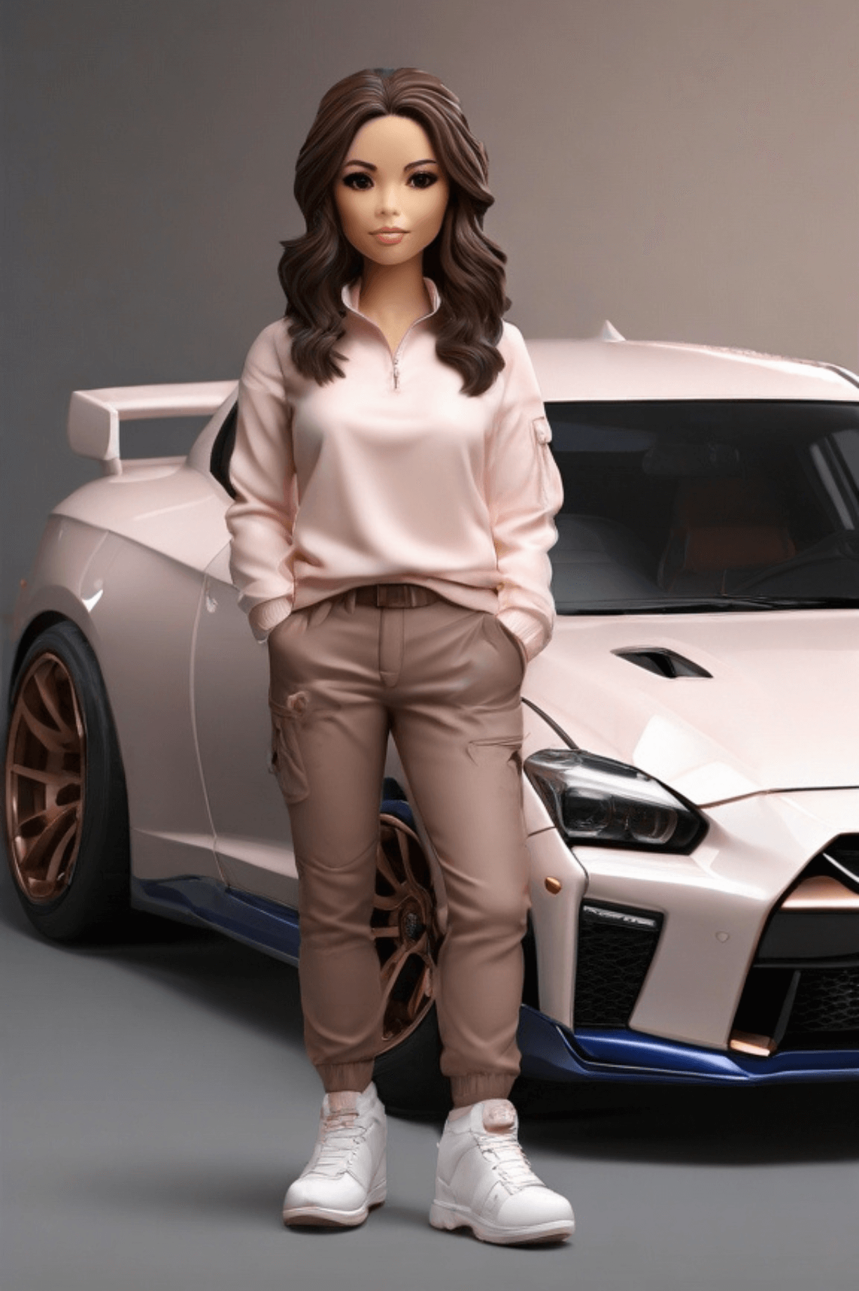 "Create a detailed visual representation of a female Funko Pop! character with long, straight, dark brown hair. She is adorned in a white and pink sweater paired with dark blue cargo pants, complemented by rose gold Nike sneakers. In the background, there's a Nissan Skyline GTR R35, dark rose gold in color with black rims. The entire scene should be rendered in 4K resolution, featuring studio lighting reminiscent of a product photo, showcasing the character alongside the stylish Nissan Skyline GTR."
