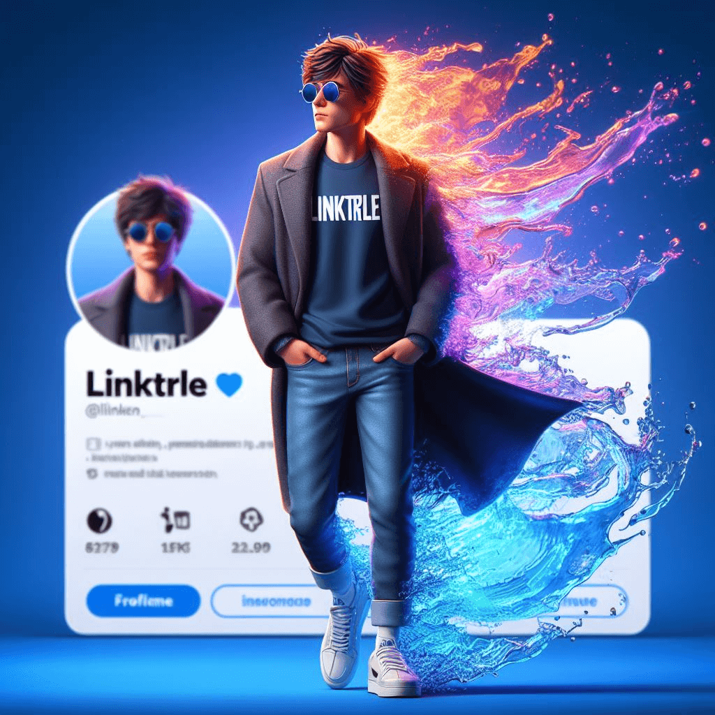 Create a 3D illustration of a realistic human Swedish boy character coming out of your social media Bio Link. The character should be wearing jeans, a t-shirt with the name "LinkTrle" along with a long coat, white sneakers, sunglasses, and a colorful water effect. The background is a social media profile page with the username "LinkTrle", her profile picture, and a beautiful blue fire profile cover.