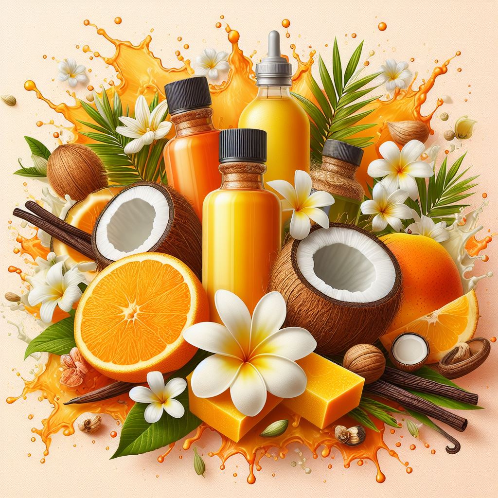 Commercial product digital art, splashes of oranged color water, mango, coconut, chamomile flower, ylang-ylang flower, vanilla, orange blossom, all in the centre of the composition.