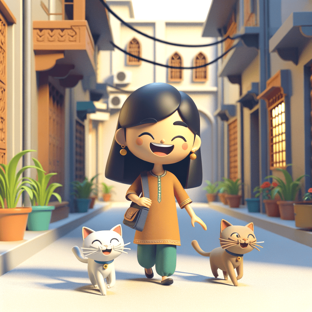 The image features a girl walking down an alleyway with two cats following her. She is holding a bag and appears to be enjoying the company of the feline companions. The scene has a whimsical, cartoon-like quality to it, giving it a playful atmosphere.