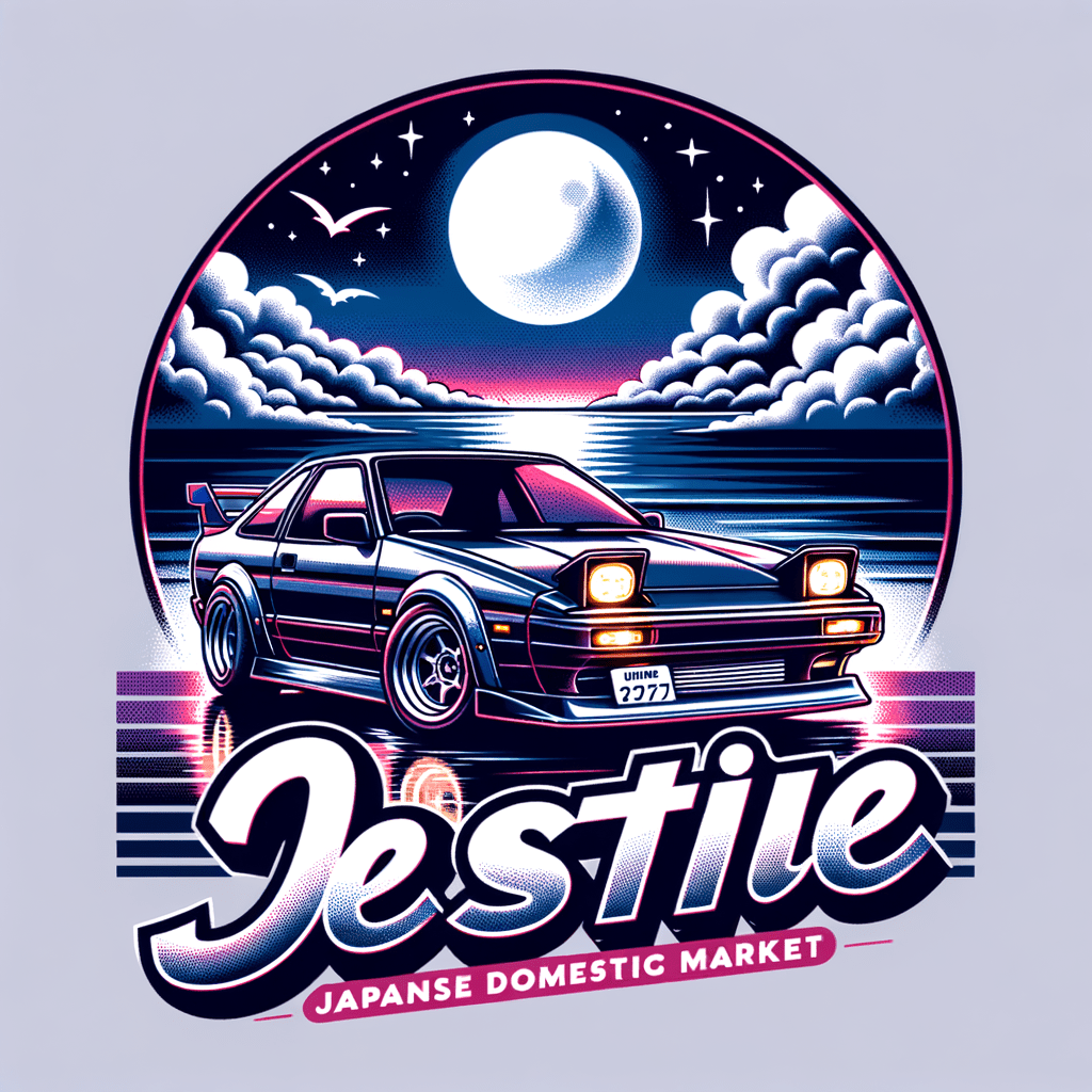 Logo for t-shirt print of JDM car Japanese Retro Car Racing Drifting Legend Tuning, neon light art, in the dark of night,  moonlit seas, clouds, moon, stars, colorful, detailed, 4k masterpiece, professional photography, isometric, vibrant, ultra realistic details masterpiece in a pure flat white background