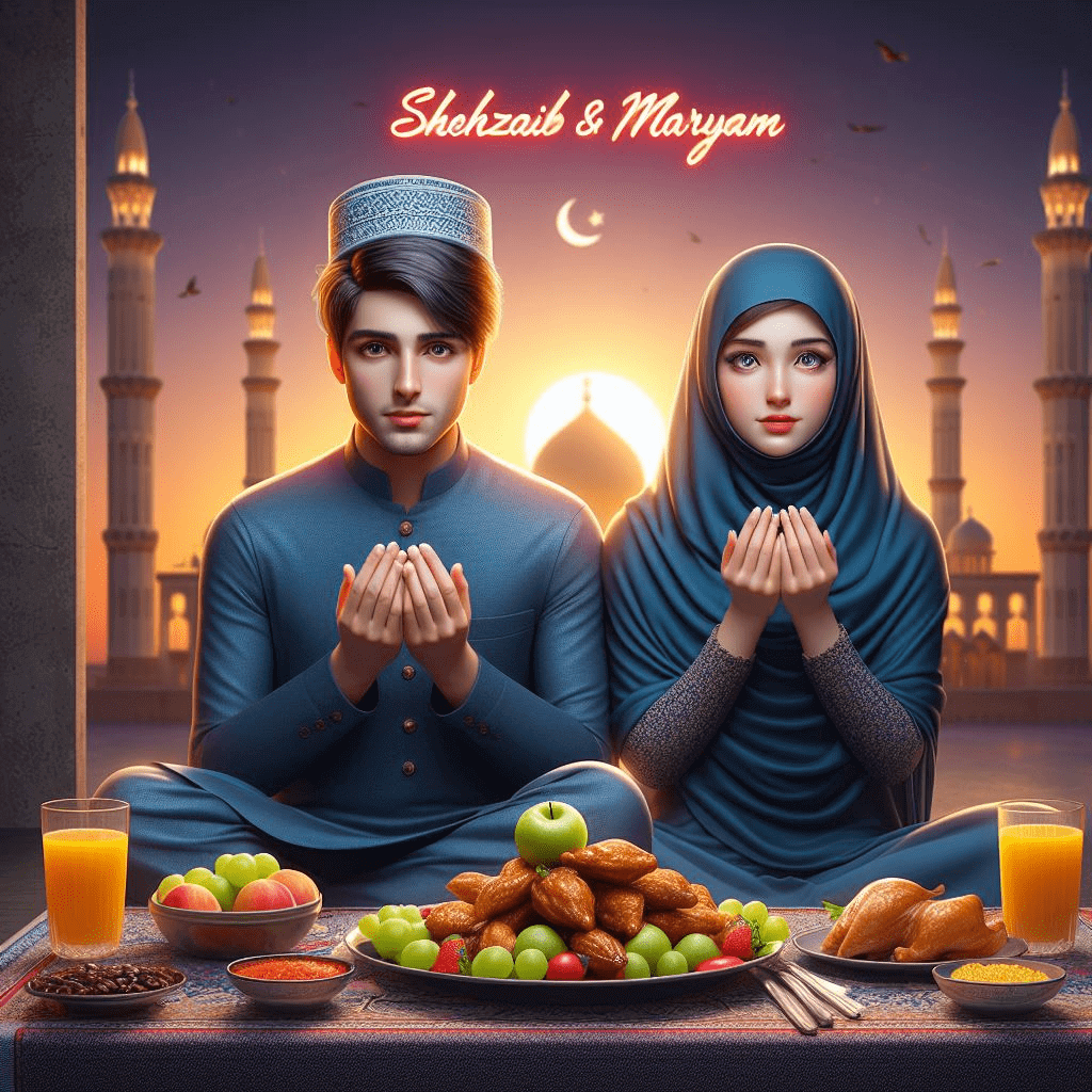 Create a 3D realistic pakistani 20 year-old beautiful handsome muslim Couple Sunset time sitting on prayer place, of mosque raise both hands and pray to God, The girl is wearing blue Hijab, and Boy wearing blue kurta pajama with Cap, both faces looks ahead, A plate full of fruits, and chicken rises, and plate of Dates, sweets is placed and a glasses of juice in front of them. the background features, mosque and "SHEHZAIB & MARYAM" written in red neon font on dark grey wall.