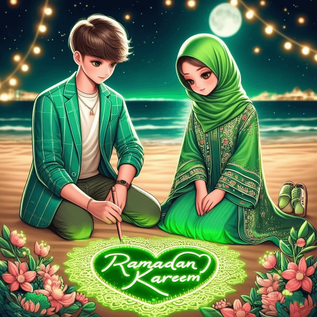 Create a beautiful couple 25 year-old boy and girl has mading a decorative heart on the beautiful sand by the sea and inside this heart is written my name "Ramadan kareem" green neon effect in the night scene and beside it is a beautiful flowers. the boy is wearing a trending green pent shirt nice jacket and girl is wearing a green muslim dress.the background feature is full of lights looking so beautiful